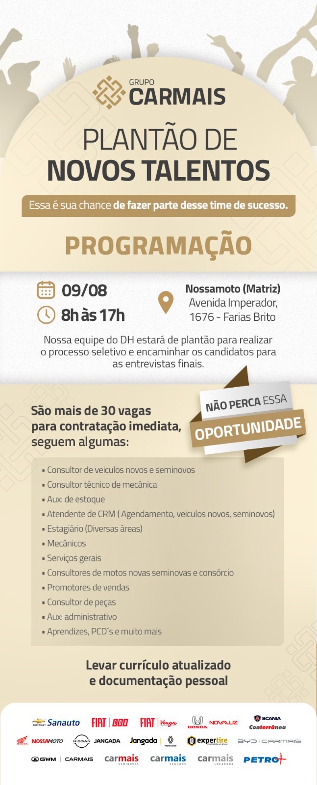 VAGAS – Grupo Carmais promove plantão com mais de 30 vagas de emprego com início imediato